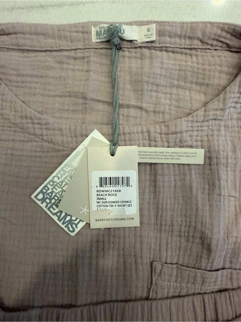 Barefoot Dreams Mauve 100% Cotton Crinkle Tee & Short Set-NWT - Picture 2 of 14